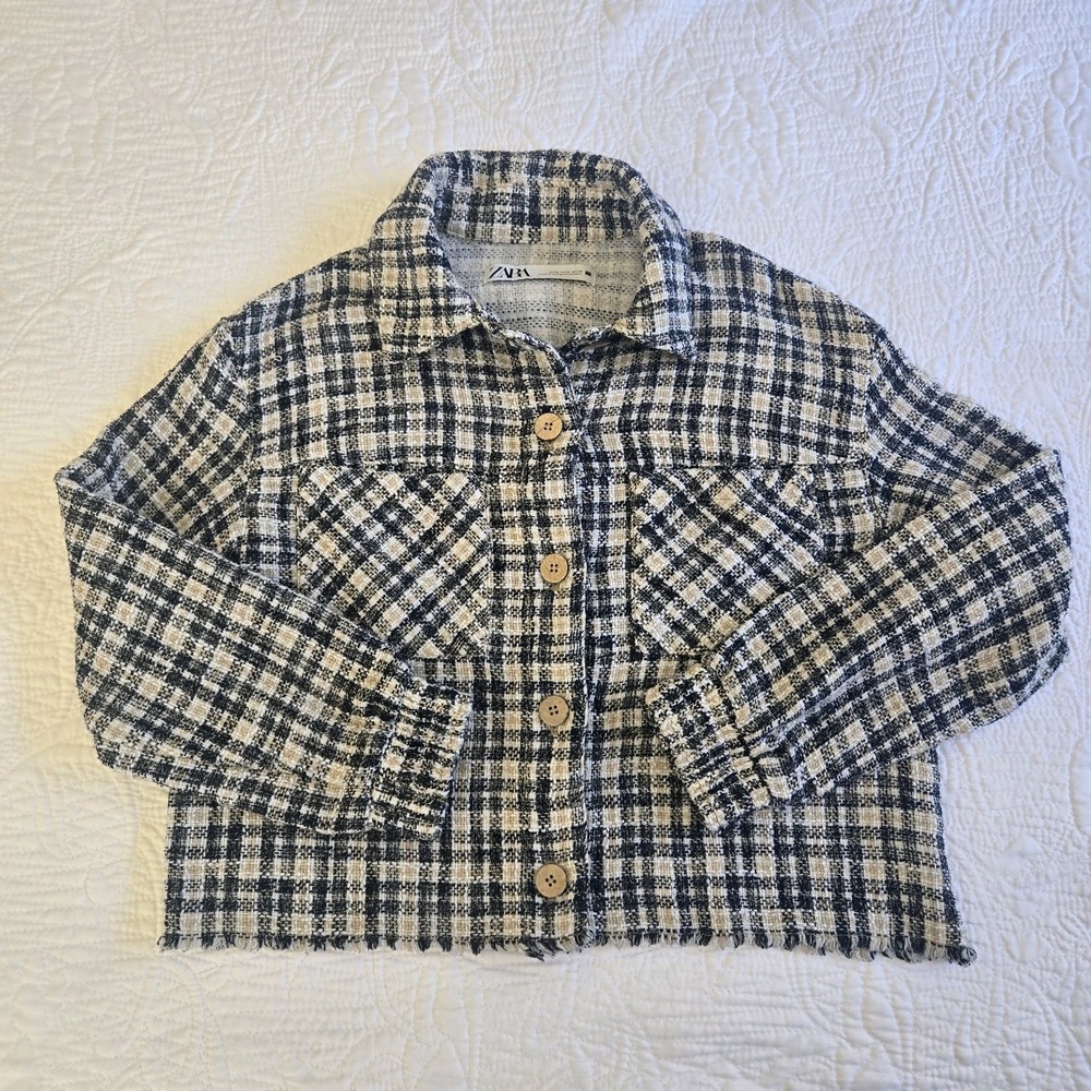 Zara Tweed Plaid Cropped Jacket Button Up Collared Navy Cream Frayed Hem Small‎ - Picture 6 of 16